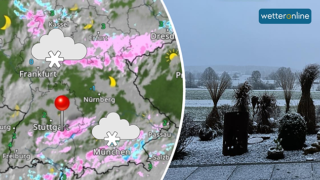 WetterRadar zeigt Schnee (links); Angezuckerte Landschaft (rechts)