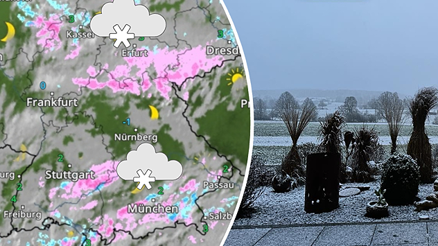 WetterRadar zeigt Schnee (links); Angezuckerte Landschaft (rechts)