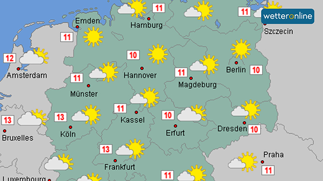 Wettervorhersagekarte für Deutschland mit viel Sonne am Samstag