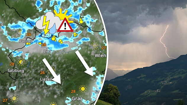 Links: Eine Wetterkarte vom Osten Österreichs zeigt Gewitter die in Richtung Südosten ziehen. Rechts: Gewitter mit Regen und Blitz in den Bergen