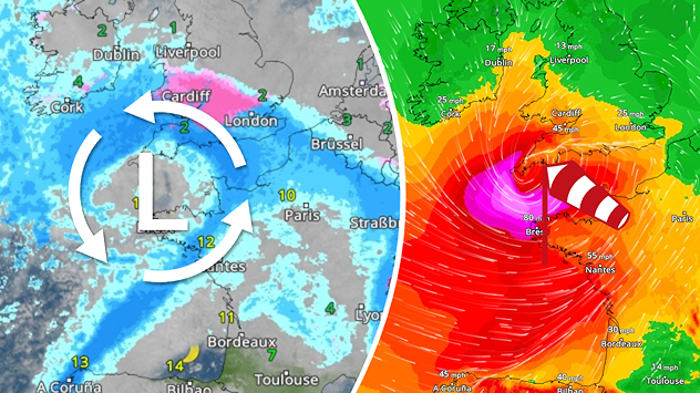 On the left, the weather radar shows a low-pressure system with precipitation over Western Europe. On the right, stormy winds can be seen on the wind radar.