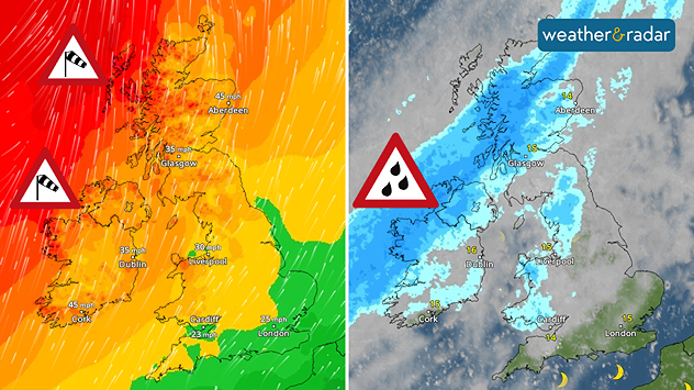 Split weather map showing winds up to 45 mph near Aberdeen and Cork, alongside heavy rain across Scotland and western Ireland with warning symbols.