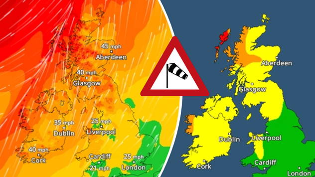 Split weather graphic showing winds up to 45 mph near Aberdeen and red, orange and yellow wind warning zones across Scotland and Ireland.