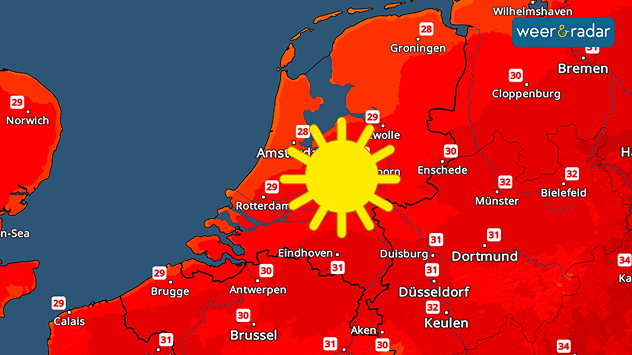 De TemperatuurRadar voor zondag kleurt rood met 26 graden aa nzee tot 32 graden in het zuidoosten. Een zon is ingetekend.