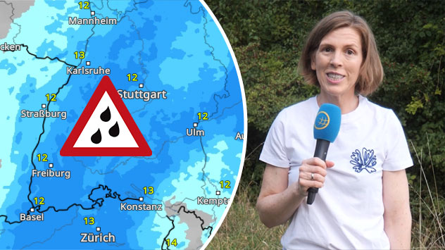 Eine Wettermoderatorin steht mit Mikrofon im Freien, daneben eine Karte mit Niederschlagswarnung für Südwestdeutschland.