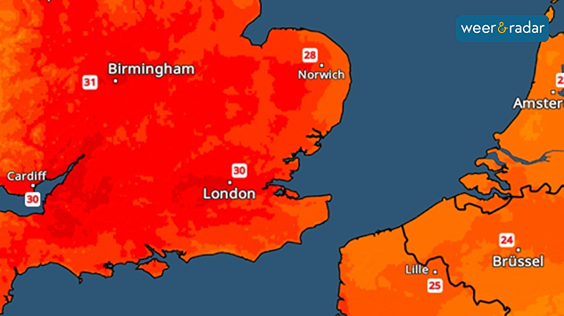 Temperatuurradar: In Zuid-Engeland steeg het kwik vaak boven de 30 graden.