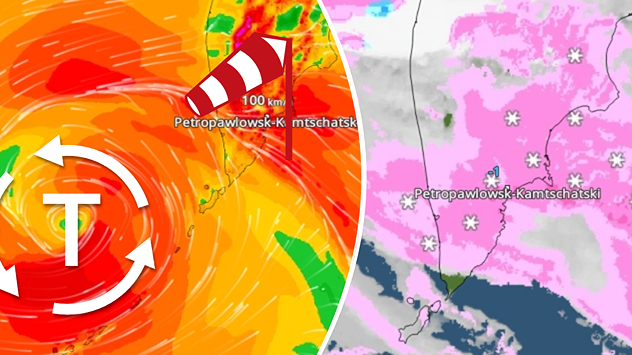 Das Bild zeigt links ein Tief mit kräftigem Wind, rechts sind Schneefälle über Kamtschatka zu sehen.