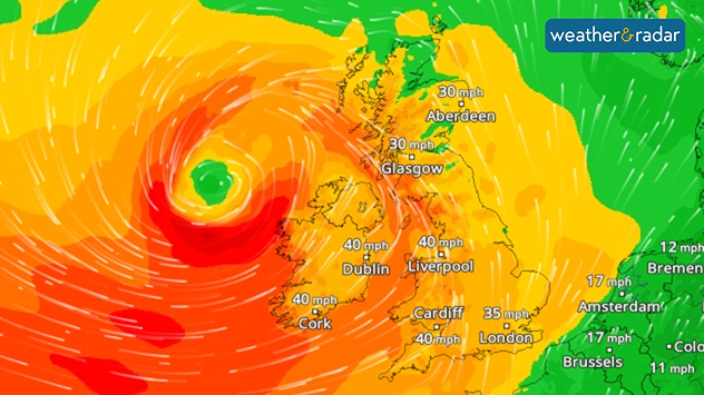 Wind radar showing stormy weather and strong gusts of wind over Ireland and Great Britain.