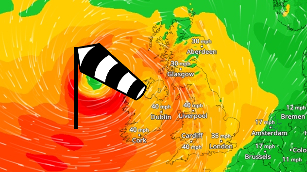 Wind radar showing stormy weather and strong gusts of wind over Ireland and Great Britain.