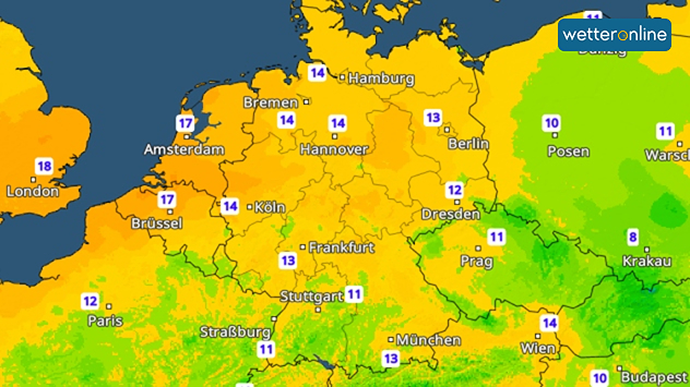 TemperaturRadar mit 11 bis 18 Grad in Mitteleuropa.