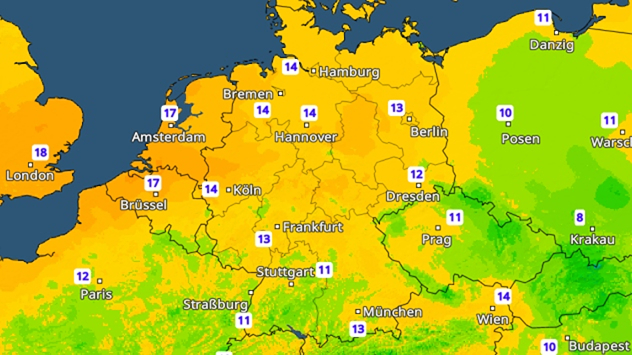 TemperaturRadar mit 11 bis 18 Grad in Mitteleuropa.