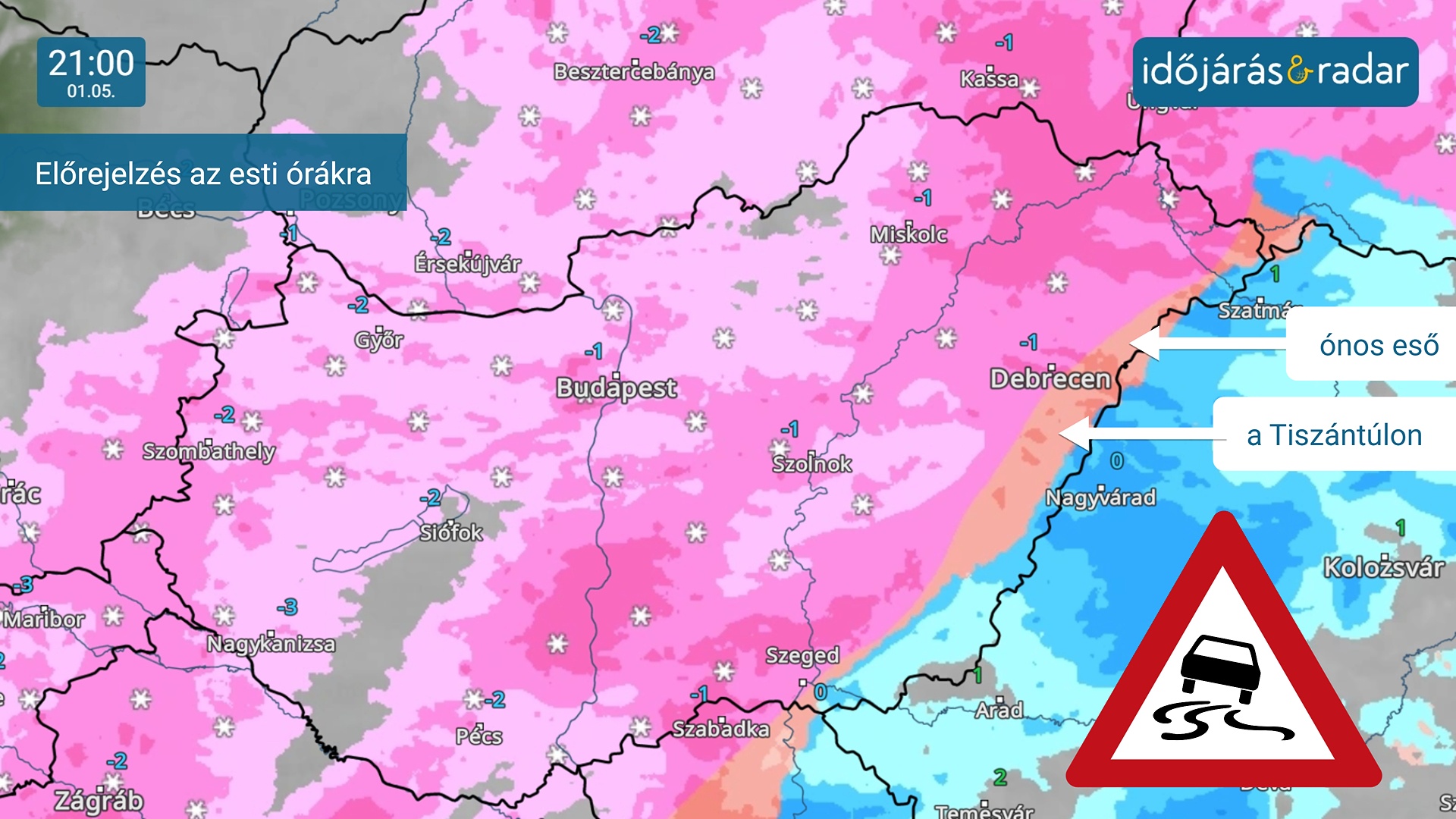 Havazás látható az IdőjárásRadar térképén, a Tiszántúlon helyenként ónos eső is valószínű.