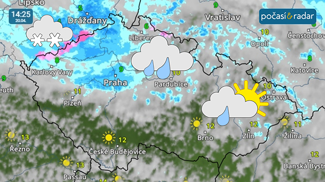 Meteoradar, screenshot, 20. dubna 14:25: Pondělí přináší hlavně do severní poloviny území chladné počasí s velkou oblačností a místy také s deštěm, od vyšších poloh se sněžením.