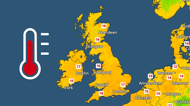 Weather map of the UK and Ireland showing temperatures between 15°C and 17°C in major cities like London, Cardiff, Dublin, and Aberdeen, with an icon of a red thermometer on the left.