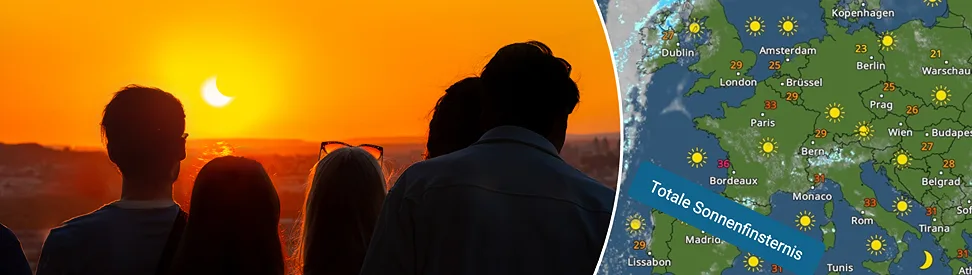 Menschen schauen sich eine Sonnenfinsternis an. Die Sonne ist schon zu teilen verdeckt. Daneben das WetterRadar für Mittwoch mit nahezu wolkenlosem Himmel.