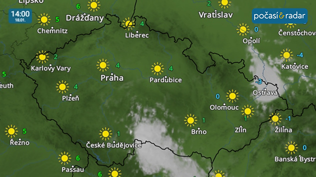 Meteoradar, screenshot, 18. 1. 14:00: V neděli nad většinou našeho území postupně převládne projasněná obloha. Déle se může nízká oblačnost a mlhy udržet hlavně na Vysočině, jihozápadě Moravy a místy také v Moravskoslezském kraji.