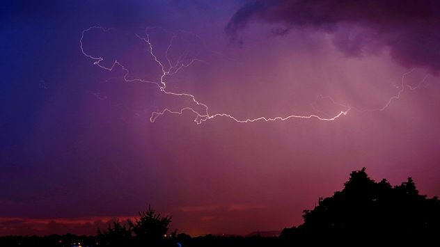 Heller, verzweigter Blitz in einem violetten Nachthimmel über der Stadt, dunkle Bäume und Dächer im Vordergrund. (c) Frank Fritsche