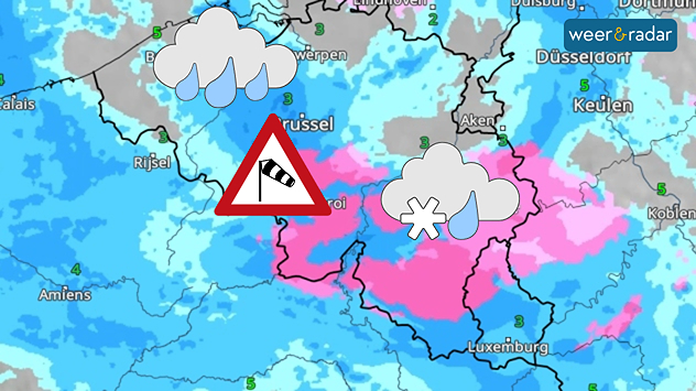 De WeerRadar voor vrijdag overdag toont onstuimig winterweer met regen, sneeuw en veel wind.