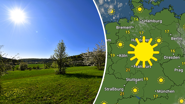 Geteilte Ansicht: Links grüne Wiese mit Bäumen unter strahlend blauem Himmel und Sonne; rechts das WetterRadar mit viel Sonne und 14–21 °C.