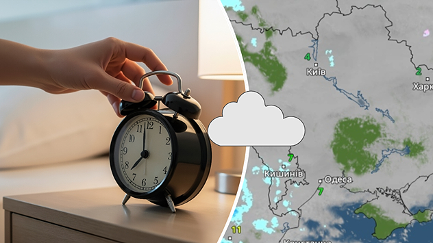 На зображенні зліва — рука вимикає будильник на тумбочці в спальні, справа — карта погоди з суцільною хмарністю в Києві, Одесі та Молдові. Піктограма хмари вказує на похмурий ранок.