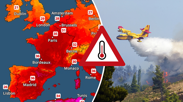 A collage featuring a temperature radar map of Europe and a fire-fighting aircraft in action over a forest fire. In the centre, a heat symbol warns of persistently high temperatures.
