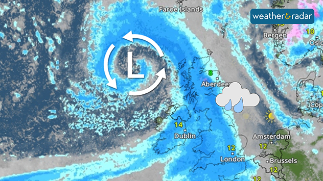 Weather map showing a swirling Atlantic low north-west of Scotland, with blue rain bands across the UK, Ireland, and North Sea and temperatures of 8 to 14°C