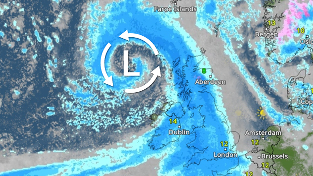 Weather map for Saturday 24.10 showing a swirling Atlantic low, Storm Boelo, west of Scotland and widespread blue rain bands across the UK, Ireland and northern France.