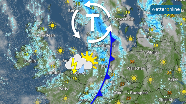 Kaltfront verläuft von Norddeutschland bis nach Tschechien. Westlich davon kühlere Luft und wechselhaftes Wetter, östlich noch deutlich wärmer.
