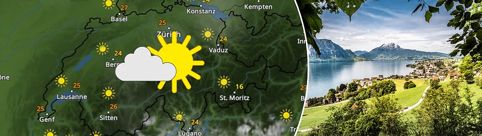 WetterRadar zeigt in der Schweiz sonniges Wetter. Rechts ein Dorf an einem See.
