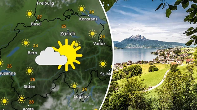 WetterRadar zeigt in der Schweiz sonniges Wetter. Rechts ein Dorf an einem See.