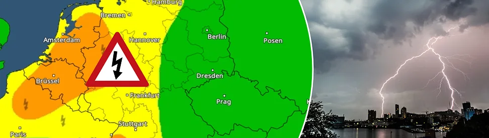 Links eine Warnkarte, die Unwettergefahr in der Westhälfte Deutschlands zeigt. Rechts ein Bild von Blitzen in einer Stadt.