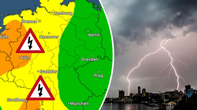 Links eine Warnkarte, die Unwettergefahr in der Westhälfte Deutschlands zeigt. Rechts ein Bild von Blitzen in einer Stadt.