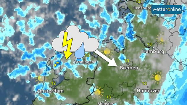Über der Nordsee sind Schauer und Gewitter im WetterRadar zu sehen. Diese ziehen im Laufe des Mittwochs über den Nordwesten Deutschlands.