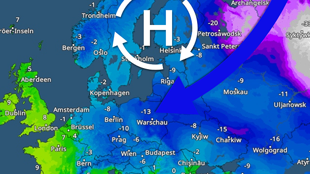 Die Wetterkarte zeigt eisige Temperaturen über Mittel und Osteuropa. Ein Tiefdruckgebiet und ein Pfeil sind über Nordosteuropa eingezeichnet.