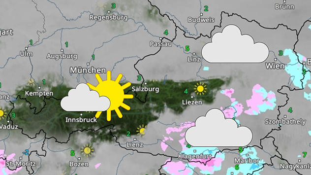 Das WetterRadar zeigt dichte Wolken in der Osthälfte Österreichs und sonnigeres Wetter im Westen.