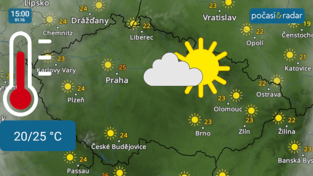 Meteoradar, screenshot, 1. 10. 15:00: Také první říjnový den do Česka přinese teplé a slunečné počasí. Během odpoledne a večera bude od západu docházet k pozvolnému přibývání oblačnosti.