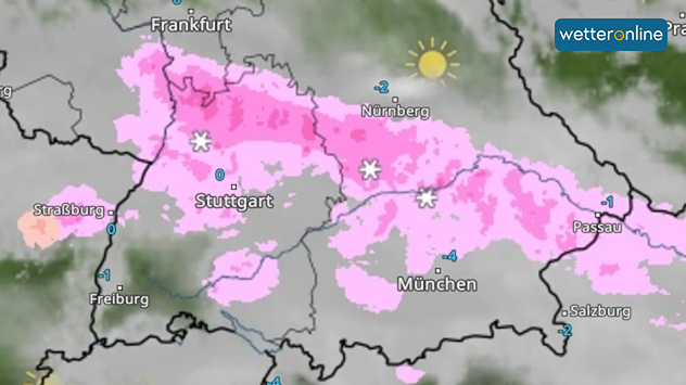 Das WetterRadar zeigt Schnee von Stuttgart bis nach Passau