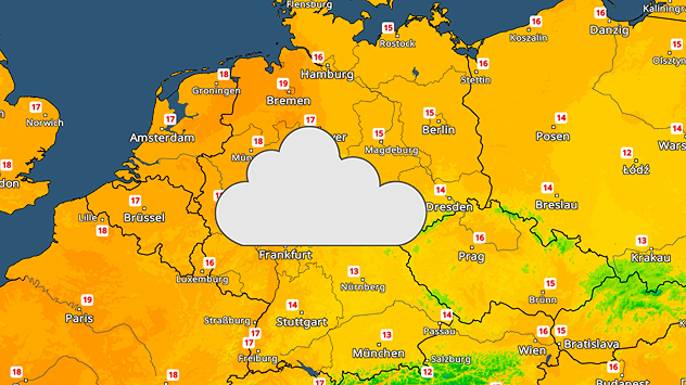 TemperaturRadar-Karte mit Höchsttemperaturen zwischen 10 °C und 19 °C in Deutschland. Eine große graue Wolke in der Mitte symbolisiert überwiegend bewölktes Wetter.