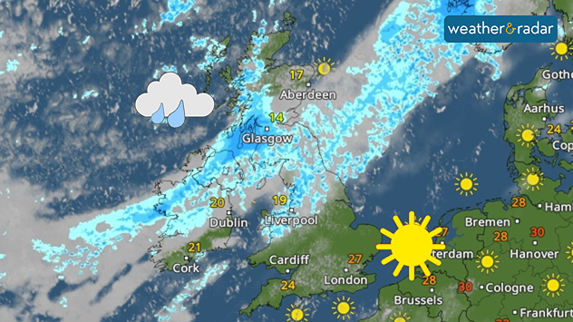 Weather radar of the UK and Ireland showing a broad rain band from Ireland through Scotland and northern England, while southern England has sunny spells. Temperatures range from 14°C in Glasgow to 27°C near London.