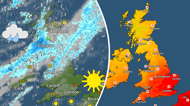 Split weather graphic showing rain across Ireland, Scotland and northern England on the left, alongside a temperature map with highs reaching 30°C in London and 22°C in Cork on the right.