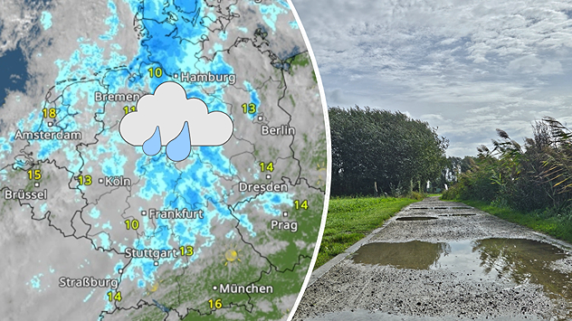 Geteiltes Bild mit WetterRadar und einem Feldweg voller Pfützen. Das Radar zeigt verbreitet Regen bei Temperaturen zwischen 10 und 16 Grad in Deutschland.