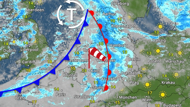 Eine Wetterkarte zeigt ein Tief über der Nordsee mit Kaltfront bis nach Frankreich und Warmfront über Norddeutschland. Im Westen fällt Regen, im Osten scheint teils die Sonne.
