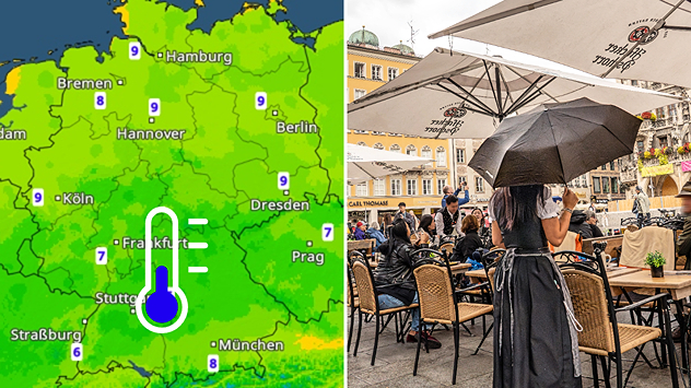 Links zeigt eine Temperaturkarte für Freitagmorgen in Deutschland meist 7 bis 9 Grad. Rechts sitzen Menschen in einem Straßencafé, eine Frau hält einen Regenschirm.