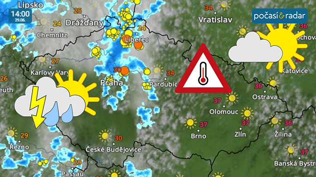 Meteoradar, screenshot, 29. 6. 14:00: Zvlněná studená fronta přinese již v pondělí do Čech mírné ochlazení s přeháňkami a bouřkami. Na Moravě a ve Slezsku bude ještě přetrvávat slunečné a velmi horké počasí.