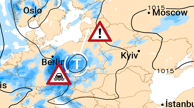 Carte de prévisions pour vendredi après-midi, avec une dépression au-dessus de l'Europe centrale. Les flèches indiquent la trajectoire prévue vers le nord-est.