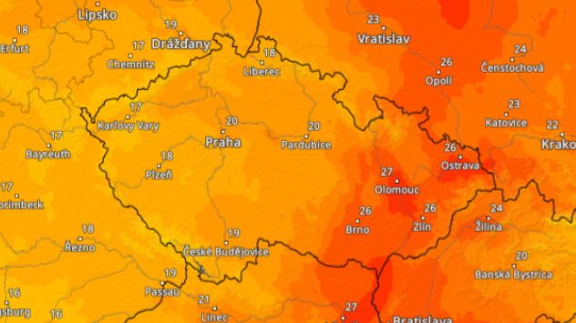 Mapa ČR s teplotami.