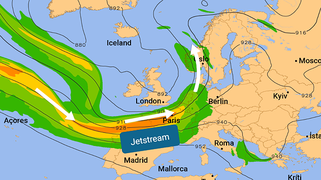 Europakarte mit farblich hervorgehobenem Jetstream. Das Starkwindband zieht vom Atlantik über Frankreich und Deutschland bis nach Nordeuropa.