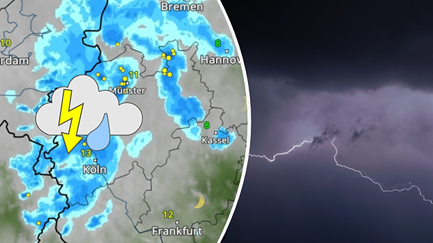 Radarbild mit Regen- und Gewitterzellen über Westdeutschland. Blitzsymbol bei Köln und eingeblendetes Blitzfoto. Hinweis auf Gewitter in der Nacht zum Freitag.