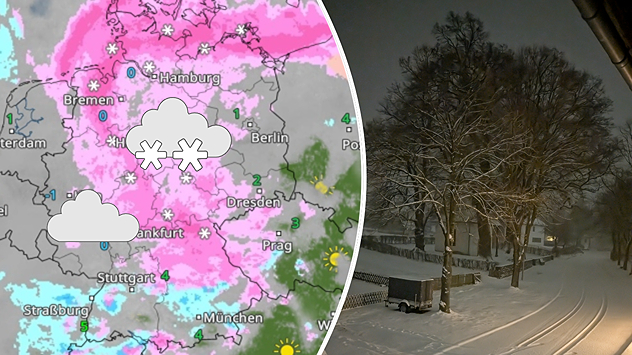 Geteilte Grafik: links eine WetterRadar-Karte mit Schnee, rechts eine verschneite, glatte Straße bei Nacht in Bredenborn (Ostwestfalen-Lippe) am 26. Januar – schön anzusehen, aber rutschig und gefährlich
