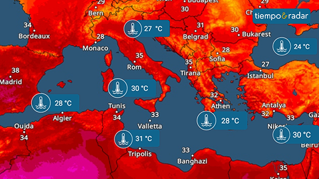 Mapa con las temperaturas del aire y del mar en el sur de Europa: en el Mar Negro, la temperatura del agua es de unos 24 grados; en el Mediterráneo occidental, de 28 grados; en la zona centro-sur del Mediterráneo, de entre 30 y 31 grados; y en el Mediterráneo oriental, de entre 28 y 30 grados.